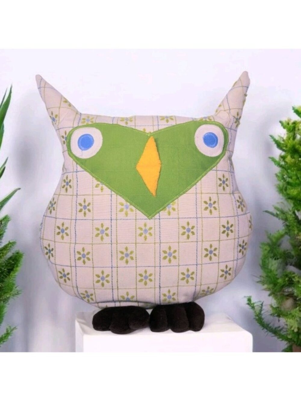 Textured Figural Owl Throw Pillow Embroidered Flowers Whimsical Kidcore READ